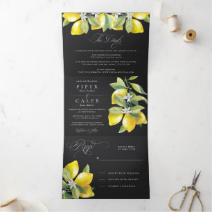 Black Watercolor Citrus Lemon Blossom Hochzeit Dreifach Gefaltete Einladung