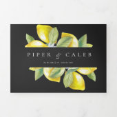 Black Watercolor Citrus Lemon Blossom Hochzeit Dreifach Gefaltete Einladung (Cover)