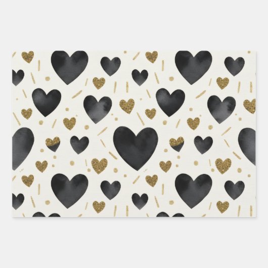 Black Watercolor & Gold Glitter Hearts Geschenkpapier Set (Vorderseite)