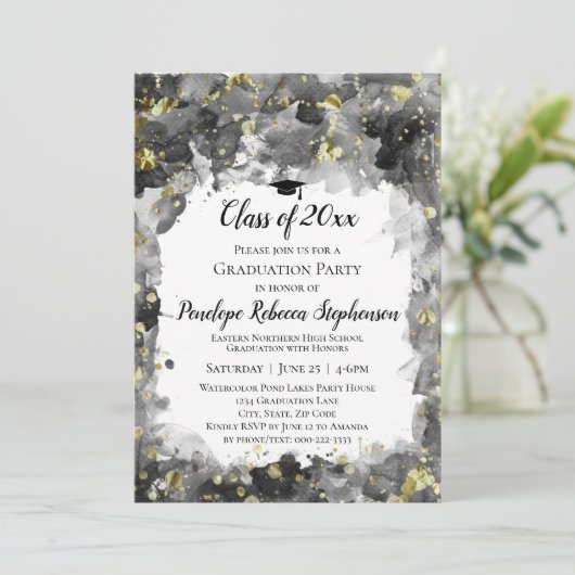 Black Watercolor Gold Spritzer Graduation Party Einladung (Stehend Vorderseite)