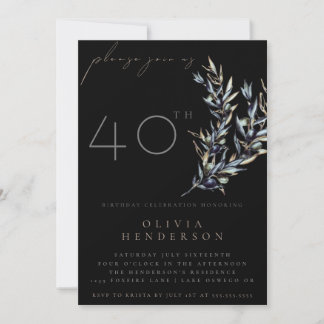 Black Watercolor Olive Branch Birthday Invitation Einladung