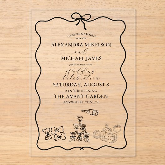 Black Wavy Whimsical Italian Doodle Wedding Acryleinladungen (Vorderseite)