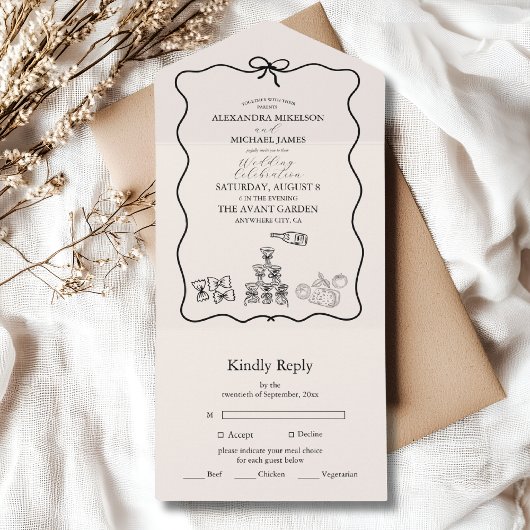 Black Wavy Whimsical Italian Doodle Wedding All In One Einladung