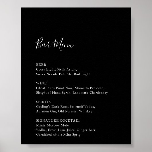 Black Wedding Bar Menu Empfang Sign Drinks Poster (Vorne)