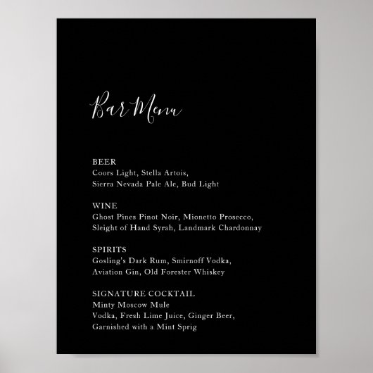 Black Wedding Bar Menu Empfang Sign Drinks Poster (Vorne)