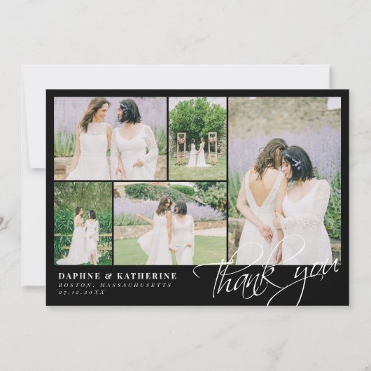 Black Wedding Foto Collage Script Vielen Dank Dankeskarte (Vorderseite)