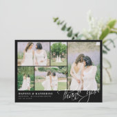 Black Wedding Foto Collage Script Vielen Dank Dankeskarte (Stehend Vorderseite)