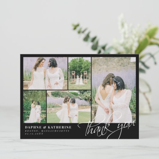 Black Wedding Foto Collage Script Vielen Dank Dankeskarte (Stehend Vorderseite)