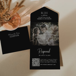 Black Wedding Foto | Monogram QR Code All In One Einladung