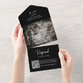 Black Wedding Foto | Monogram QR Code All In One Einladung (Abreißen)