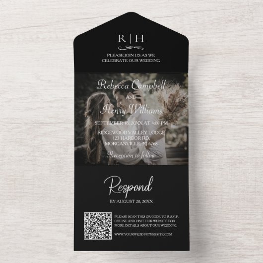 Black Wedding Foto | Monogram QR Code All In One Einladung (Innen Boden)