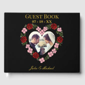 Black wedding guest book with floral hearts gästebuch (Vorderseite)