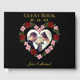 Black wedding guest book with floral hearts gästebuch