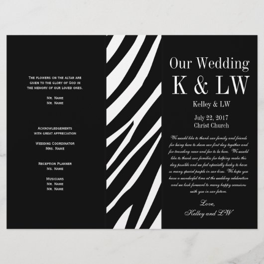 Black Wedding Program Zebra Stripes Muster (Vorderseite)