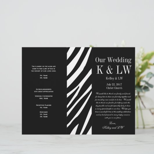 Black Wedding Program Zebra Stripes Muster (Stehend Vorderseite)
