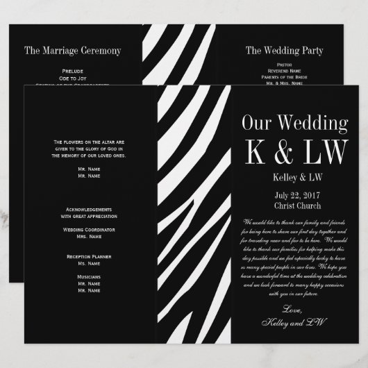 Black Wedding Program Zebra Stripes Muster (Vorne/Hinten)