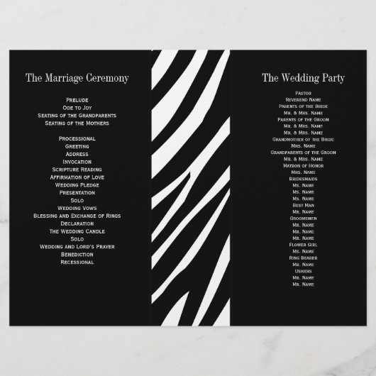 Black Wedding Program Zebra Stripes Muster (Rückseite)