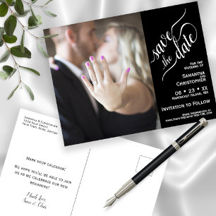 Black Wedding Save the Date Calligrafy & Foto Ankündigungspostkarte