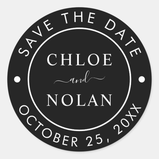 Black Wedding Save the Date Modern Script Runder Aufkleber (Vorderseite)