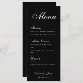 Black Wedding Simple White Script Calligraphy Menükarte (Vorne/Hinten)