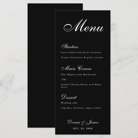 Black Wedding Simple White Script Calligraphy Menükarte (Vorne/Hinten)