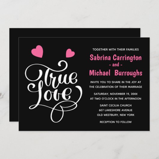 Black Wedding True Love Pink Herztypografie Einladung (Vorne/Hinten)