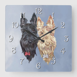 Black & Wheaten Scottish Terriers Quadratische Wanduhr