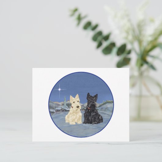 Black & Wheaten Scottish Terriers Winter Postkarte (Stehend Vorderseite)