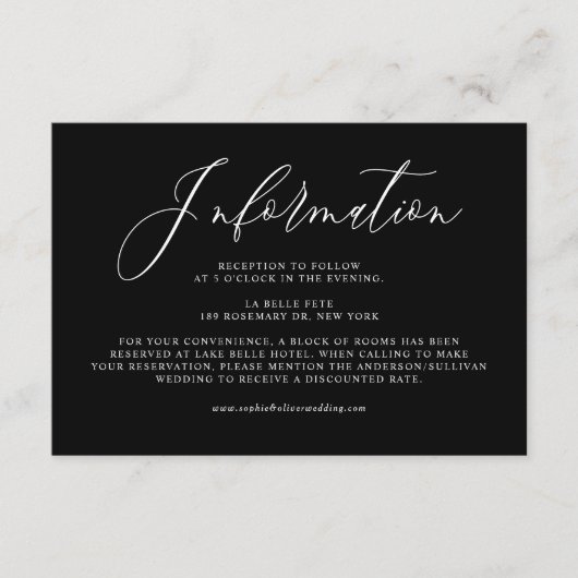 Black Whimsical Calligraphy Wedding Information Begleitkarte (Vorderseite)