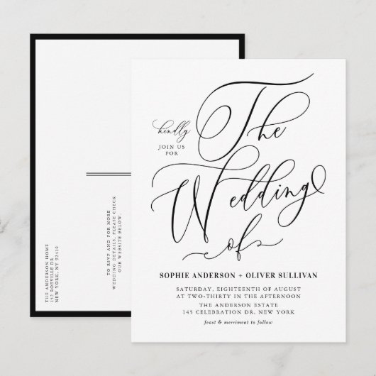 Black Whimsical Calligraphy Wedding QR Code Einladungspostkarte (Vorne/Hinten)