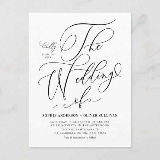 Black Whimsical Calligraphy Wedding QR Code Einladungspostkarte (Vorderseite)