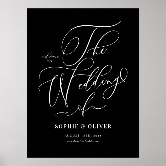 Black Whimsical Calligraphy Wedding Willkommen Poster (Vorne)