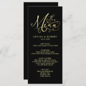 Black Whimsical Elegante Gold Calligraphy Menu Menükarte (Vorne/Hinten)