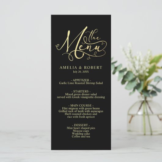 Black Whimsical Elegante Gold Calligraphy Menu Menükarte (Stehend Vorderseite)