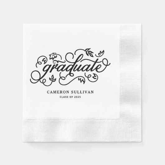 Black Whimsical Floral Script Abschluss Serviette (Vorderseite)