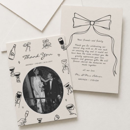 Black Whimsical Foto Hand Drawn Wedding Dankeskarte