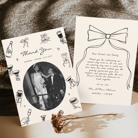 Black Whimsical Foto Hand Drawn Wedding Dankeskarte