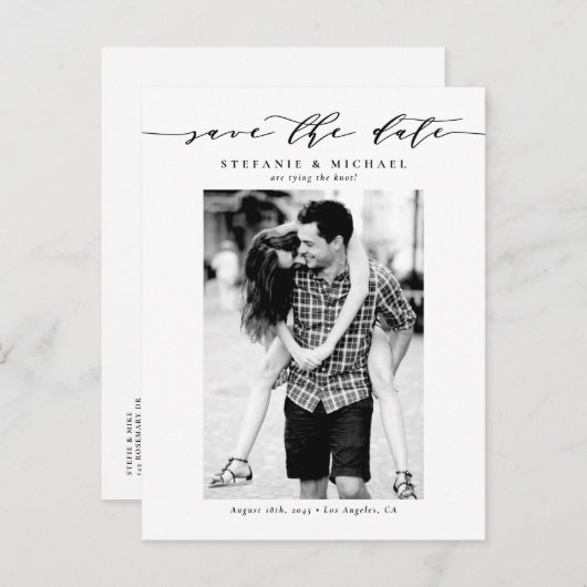 Black Whimsical Script Photo Save the Date Ankündigungspostkarte (Vorne/Hinten)