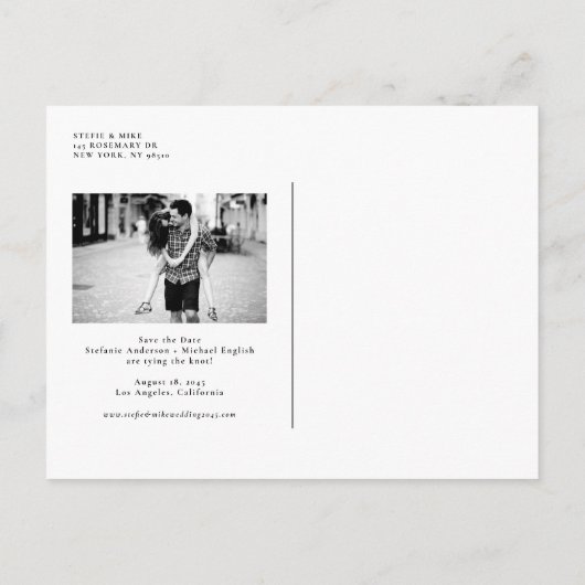 Black Whimsical Script Photo Save the Date Ankündigungspostkarte (Rückseite)