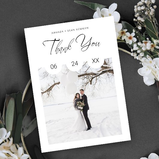 Black Whimsical Script Typography Photo Wedding Dankeskarte