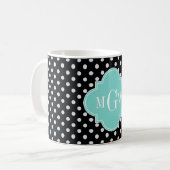 Black Whit Polka Dots Aqua Quatrefolie 3 Monogramm Kaffeetasse (Vorderseite Links)