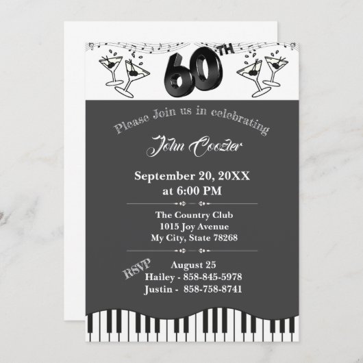 Black & White 60th Birthday Invitation with Martin Einladung (Vorne/Hinten)