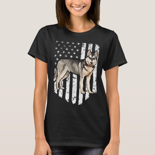 Black White American Flag Siberian Husky 4th Of Ju T-Shirt (Vorderseite)
