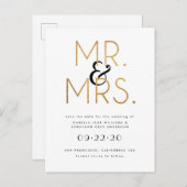 Black, White and Gold Mr & Mrs. Save the Date Ankündigungspostkarte (Vorne/Hinten)
