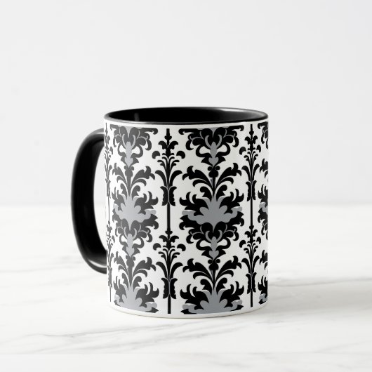 Black White and Grey Floral Damask style Tasse (Vorderseite Links)