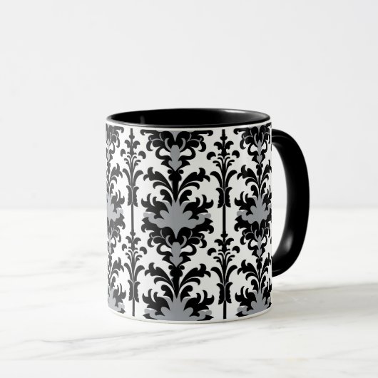 Black White and Grey Floral Damask style Tasse (VorderseiteRechts)
