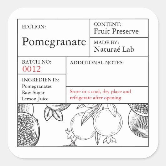 Black & White Apothecary Pomegranate label Quadratischer Aufkleber (Vorderseite)