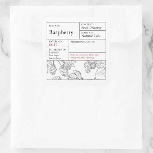 Black & White Apothecary Raspberry label Quadratischer Aufkleber (Tasche)