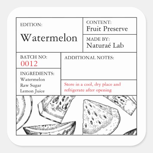 Black & White Apothecary Watermelon label Quadratischer Aufkleber (Vorderseite)