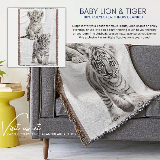 Black & White Baby Lion & Tiger Throw Blanket Decke